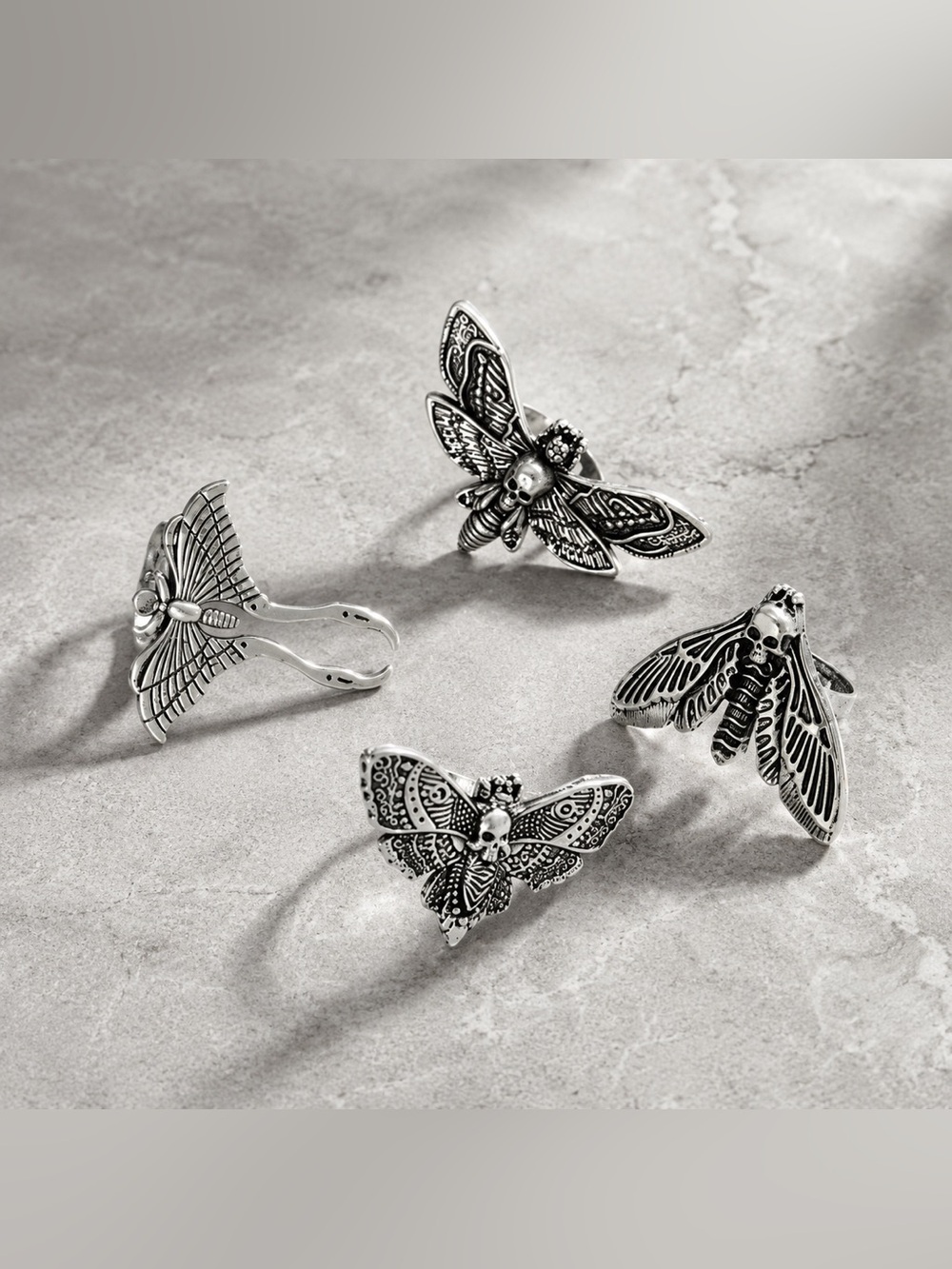 Gothic Silver Moth & Butterfly Rings Set - Picture 4 of 5